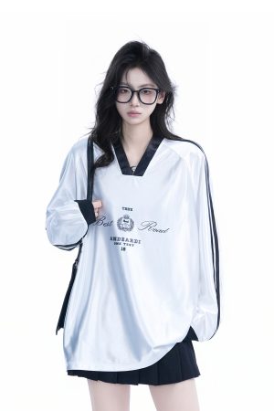 Oversized Women's Color-Blocking Satin Jersey T-Shirt - American Sports Style V-Neck Long Sleeve Trendy Top