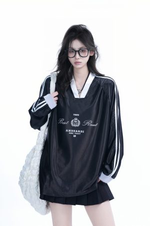 Oversized Women's Color-Blocking Satin Jersey T-Shirt - American Sports Style V-Neck Long Sleeve Trendy Top