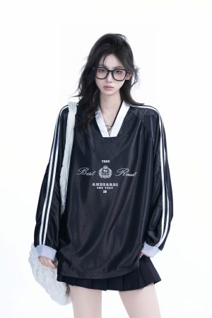 Oversized Women's Color-Blocking Satin Jersey T-Shirt - American Sports Style V-Neck Long Sleeve Trendy Top