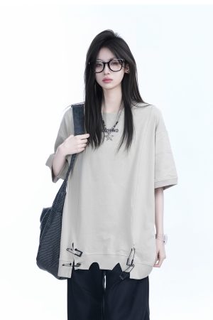 Oversized Women's Short Sleeve T-Shirt with American High Street Pin Design - Trendy Loose Fit, Casual Style for Everyday Wear