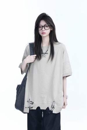 Oversized Women's Short Sleeve T-Shirt with American High Street Pin Design - Trendy Loose Fit, Casual Style for Everyday Wear