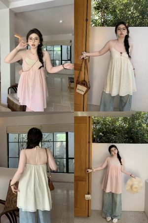 Peach Milk Polka Dot Halter Neck Camisole Dress - Sheer Layered Design, Cute Pink Color, Trendy Y2K Style