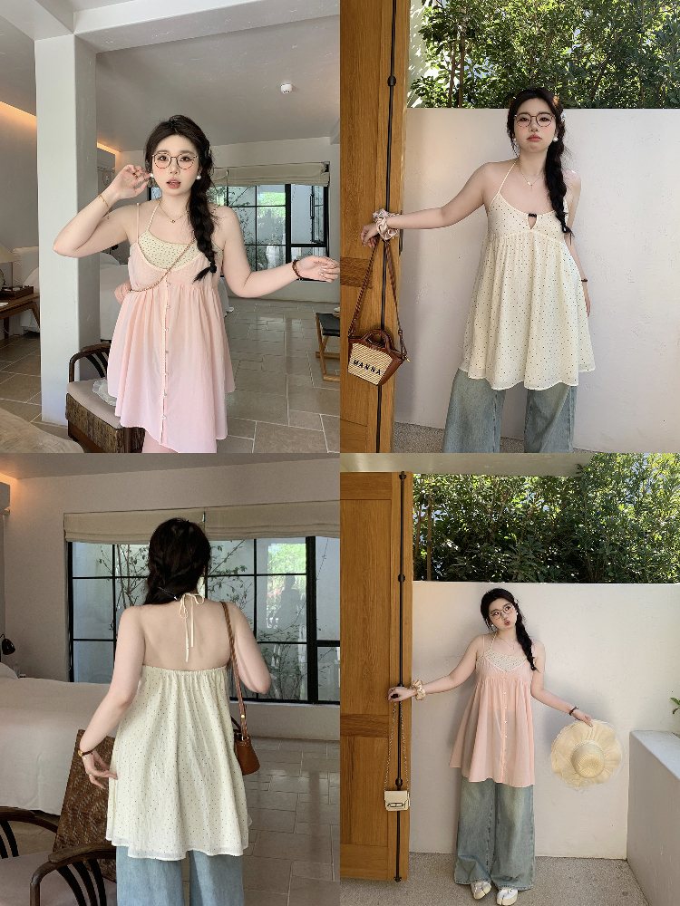 Peach Milk Polka Dot Halter Neck Camisole Dress - Sheer Layered Design, Cute Pink Color, Trendy Y2K Style Peach Milk Polka Dot Halter Neck Camisole Dress - Sheer Layered Design, Cute Pink Color, Trendy Y2K Style