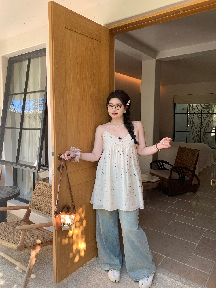 Peach Milk Polka Dot Halter Neck Camisole Dress - Sheer Layered Design, Cute Pink Color, Trendy Y2K Style Peach Milk Polka Dot Halter Neck Camisole Dress - Sheer Layered Design, Cute Pink Color, Trendy Y2K Style