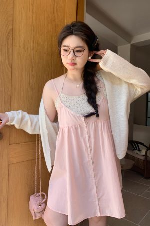 Peach Milk Polka Dot Halter Neck Camisole Dress - Sheer Layered Design, Cute Pink Color, Trendy Y2K Style