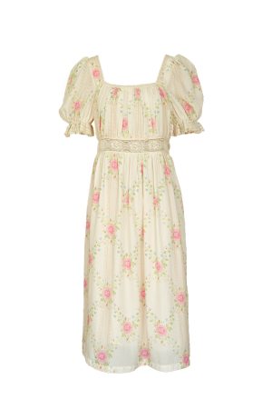 Peach Rose Retro Romantic Square Neck Dress with Puff Sleeves - Women's Summer Waist-Defined Lace Long Dress for 90s Y2K Style