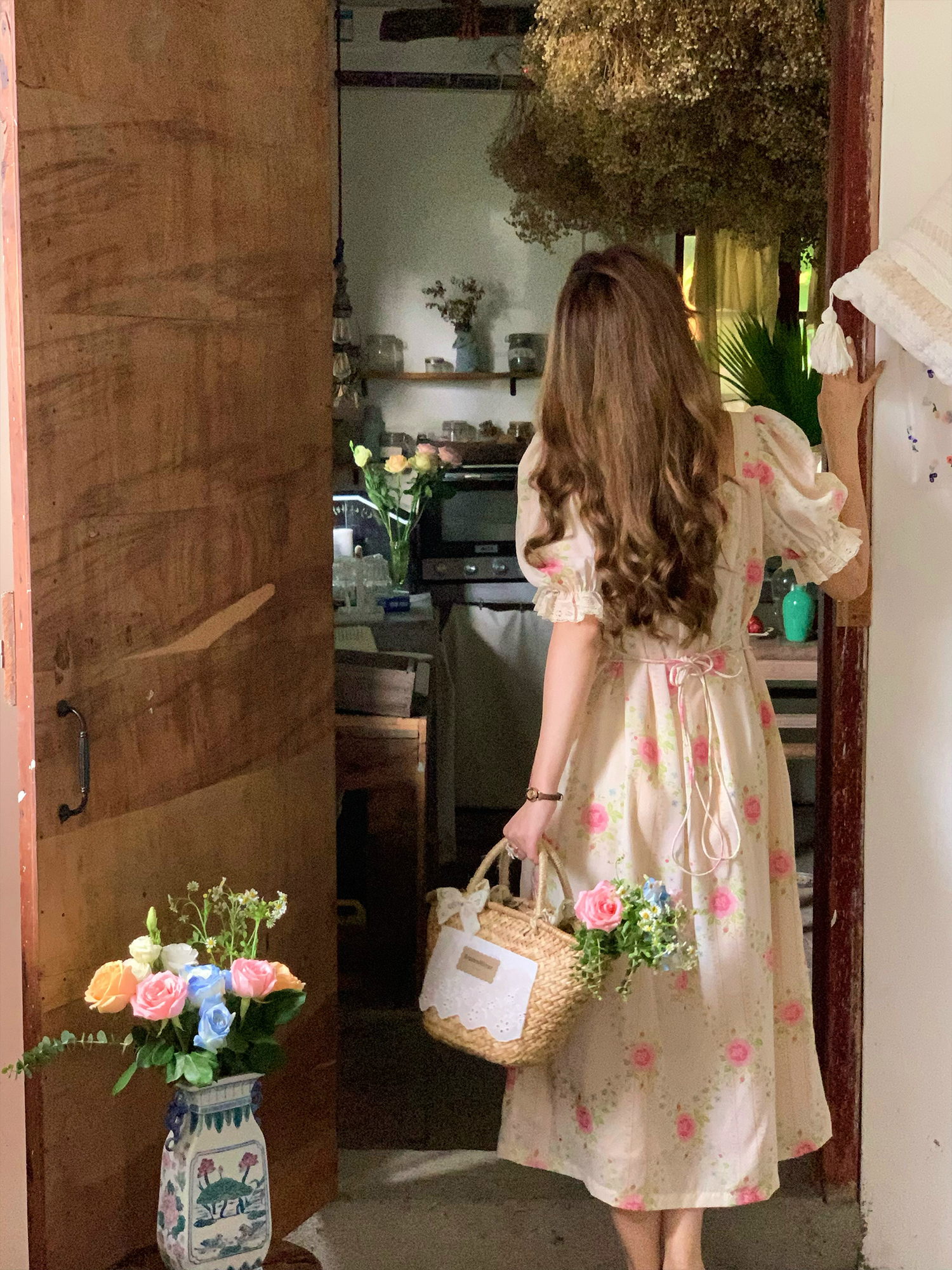 Peach Rose Retro Romantic Square Neck Dress with Puff Sleeves - Women's Summer Waist-Defined Lace Long Dress for 90s Y2K Style Peach Rose Retro Romantic Square Neck Dress with Puff Sleeves - Women's Summer Waist-Defined Lace Long Dress for 90s Y2K Style