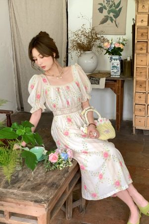 Peach Rose Retro Romantic Square Neck Dress with Puff Sleeves - Women's Summer Waist-Defined Lace Long Dress for 90s Y2K Style