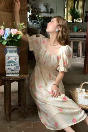 Peach Rose Retro Romantic Square Neck Dress with Puff Sleeves - Women's Summer Waist-Defined Lace Long Dress for 90s Y2K Style