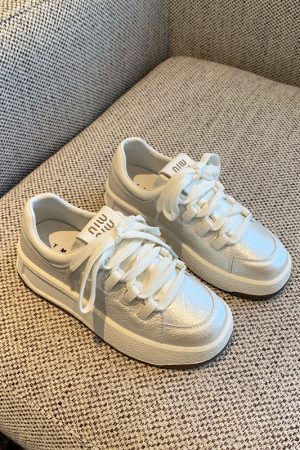 Pearl White Casual Sneakers for Women - 2025 Spring Versatile Lace-Up Height-Increasing Thick-Soled Little White Shoes