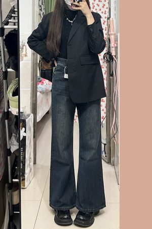 Petite Dark Blue Denim Pants for Women, Slightly Flared Loose Fit, 2025 New Style, Non-Skinny Straight Leg Trousers