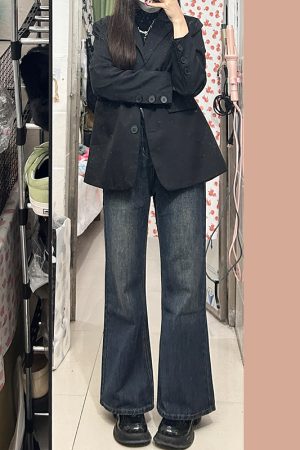 Petite Dark Blue Denim Pants for Women, Slightly Flared Loose Fit, 2025 New Style, Non-Skinny Straight Leg Trousers