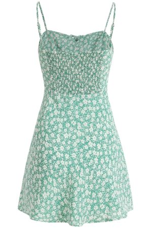 Petite Floral Green Summer Dress for Women - French Style Vacation Dress, Slimming Design for 2025