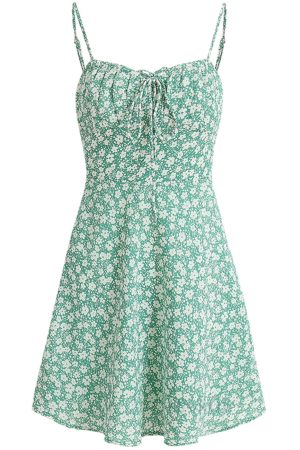Petite Floral Green Summer Dress for Women - French Style Vacation Dress, Slimming Design for 2025