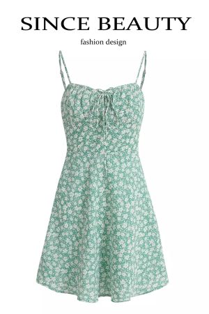Petite Floral Green Summer Dress for Women - French Style Vacation Dress, Slimming Design for 2025