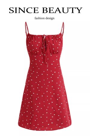 Petite French-Style Red Polka Dot Dress with Spaghetti Straps - Summer 2025 Vacation Fashion