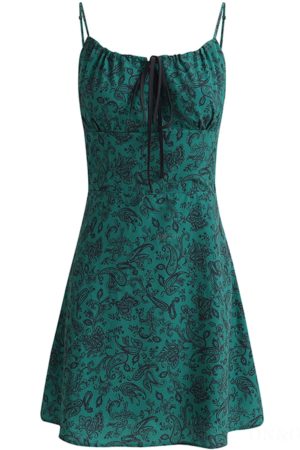 Petite French Vacation Dress for Summer 2025 - Green Spaghetti Strap Mini Dress with Prints - Trendy Floral Design