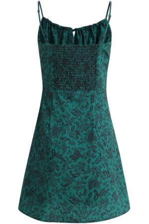 Petite French Vacation Dress for Summer 2025 - Green Spaghetti Strap Mini Dress with Prints - Trendy Floral Design