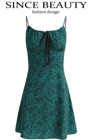 Petite French Vacation Dress for Summer 2025 - Green Spaghetti Strap Mini Dress with Prints - Trendy Floral Design