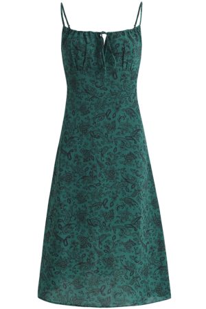 Petite French Vacation Dress for Summer 2025 - Green Spaghetti Strap Mini Dress with Prints - Trendy Floral Design