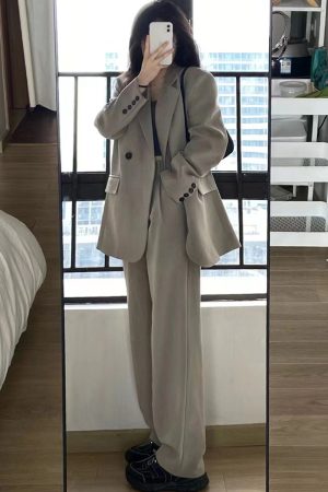 Petite Gray Suit Set for Women - Casual Blazer & Wide-Leg Pants, High-End Feel, Stylish 2025 Fashion
