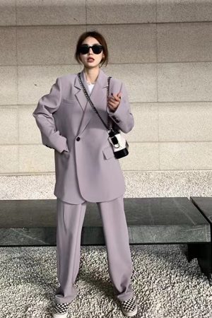 Petite Gray Suit Set for Women - Casual Blazer & Wide-Leg Pants, High-End Feel, Stylish 2025 Fashion