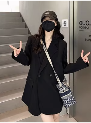 Petite Loose Casual Gray Suit Jacket for Women - Korean Style Blazer for Early Autumn Fashion