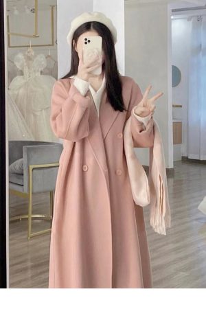 Petite Oatmeal Double-Sided Cashmere Coat for Women - Mid-Length High-End Woolen Outerwear for Autumn/Winter 2024