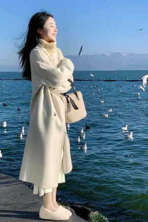 Petite Oatmeal Double-Sided Cashmere Coat for Women - Mid-Length High-End Woolen Outerwear for Autumn/Winter 2024