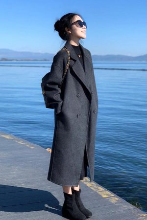 Petite Oatmeal Double-Sided Cashmere Coat for Women - Mid-Length High-End Woolen Outerwear for Autumn/Winter 2024