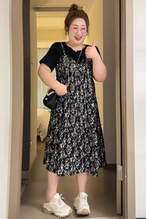 Petite Plus-Size Slimming Loose-Fitting Summer Dress, French Hepburn Style Faux Two-Piece for Curvy Women