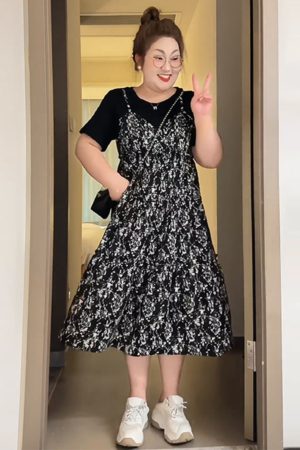 Petite Plus-Size Slimming Loose-Fitting Summer Dress, French Hepburn Style Faux Two-Piece for Curvy Women