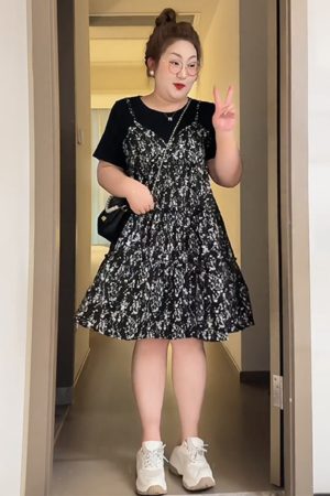 Petite Plus-Size Slimming Loose-Fitting Summer Dress, French Hepburn Style Faux Two-Piece for Curvy Women