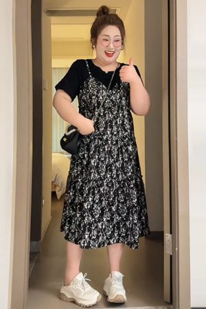 Petite Plus-Size Slimming Loose-Fitting Summer Dress, French Hepburn Style Faux Two-Piece for Curvy Women