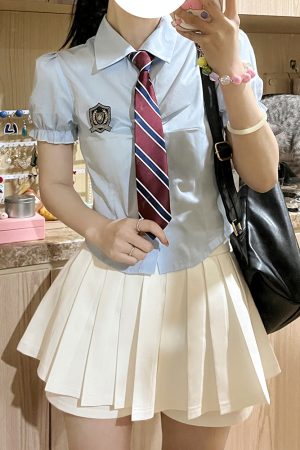 Petite Puff Sleeve JK Uniform Set with Waist-Defined Short Sleeve Shirt and Pudding Bear Design for Summer Womenâ€™s Fashion