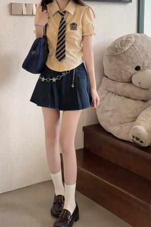 Petite Puff Sleeve JK Uniform Set with Waist-Defined Short Sleeve Shirt and Pudding Bear Design for Summer Womenâ€™s Fashion
