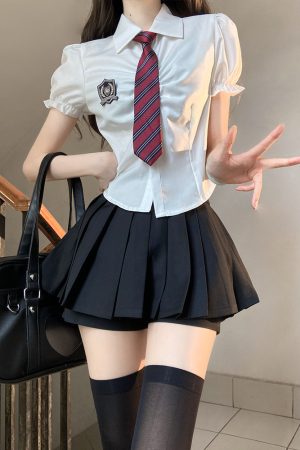 Petite Puff Sleeve JK Uniform Set with Waist-Defined Short Sleeve Shirt and Pudding Bear Design for Summer Womenâ€™s Fashion