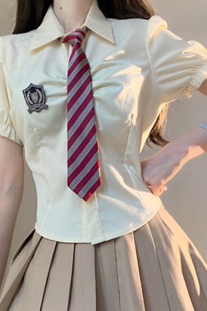 Petite Puff Sleeve JK Uniform Set with Waist-Defined Short Sleeve Shirt and Pudding Bear Design for Summer Womenâ€™s Fashion