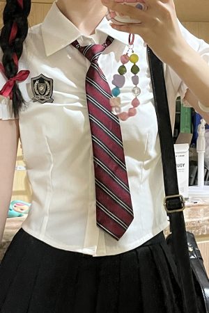 Petite Puff Sleeve JK Uniform Set with Waist-Defined Short Sleeve Shirt and Pudding Bear Design for Summer Womenâ€™s Fashion