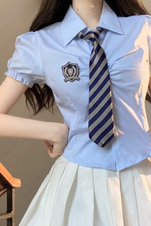 Petite Puff Sleeve JK Uniform Set with Waist-Defined Short Sleeve Shirt and Pudding Bear Design for Summer Womenâ€™s Fashion