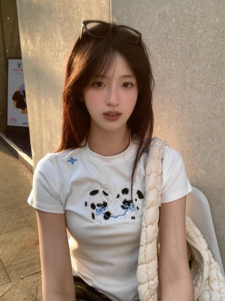 Petite Slim Fit Short-Sleeved T-Shirt with Patch Embroidery for Women - Trendy Summer Style, Age-Reducing Design Petite Slim Fit Short-Sleeved T-Shirt with Patch Embroidery for Women - Trendy Summer Style, Age-Reducing Design