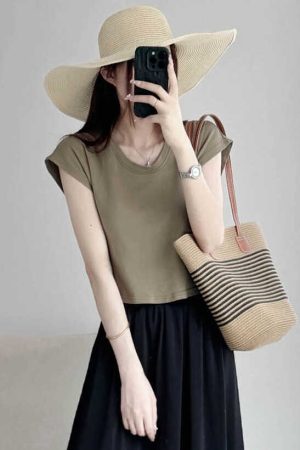 Petite U-Neck Cotton T-Shirt with Flutter Sleeves - Comfortable Summer 2025 Short Sleeve Top in Lazy Style for Casual Looks