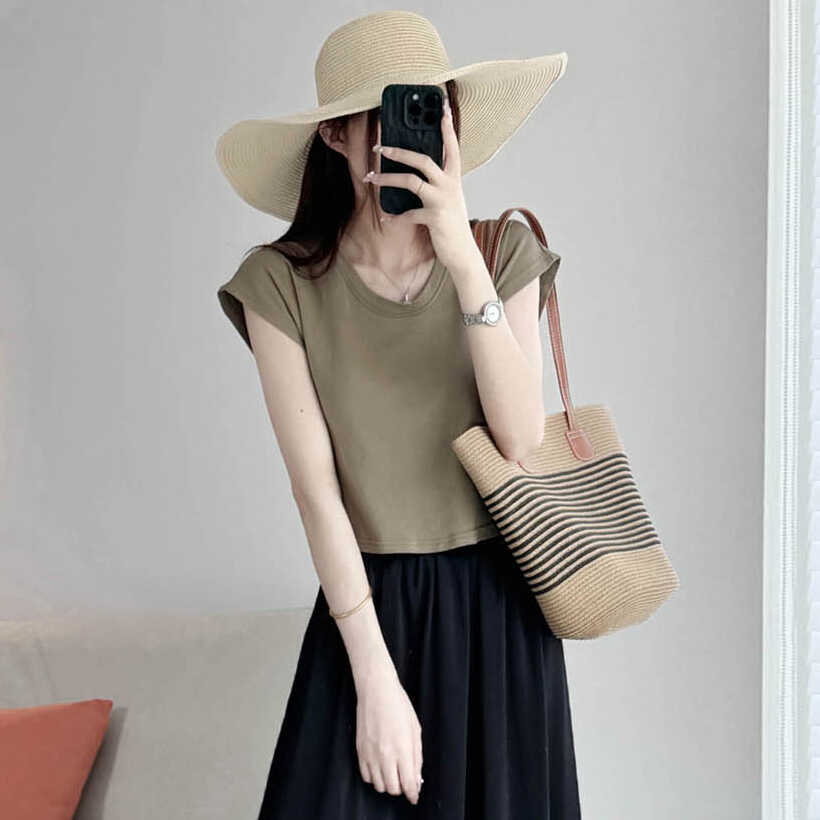 Petite U-Neck Cotton T-Shirt with Flutter Sleeves - Comfortable Summer 2025 Short Sleeve Top in Lazy Style for Casual Looks Petite U-Neck Cotton T-Shirt with Flutter Sleeves - Comfortable Summer 2025 Short Sleeve Top in Lazy Style for Casual Looks