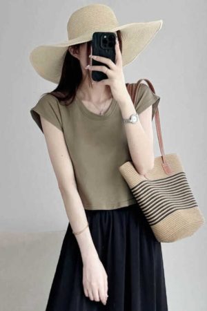 Petite U-Neck Cotton T-Shirt with Flutter Sleeves - Comfortable Summer 2025 Short Sleeve Top in Lazy Style for Casual Looks