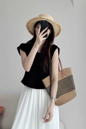 Petite U-Neck Cotton T-Shirt with Flutter Sleeves - Comfortable Summer 2025 Short Sleeve Top in Lazy Style for Casual Looks