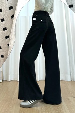Petite Women's Black Wide-Leg Jeans, Loose Fit Flared Pants for Pear-Shaped Bodies, 2025 New Style, Trendy Casual Fashion