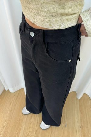 Petite Women's Black Wide-Leg Jeans, Loose Fit Flared Pants for Pear-Shaped Bodies, 2025 New Style, Trendy Casual Fashion