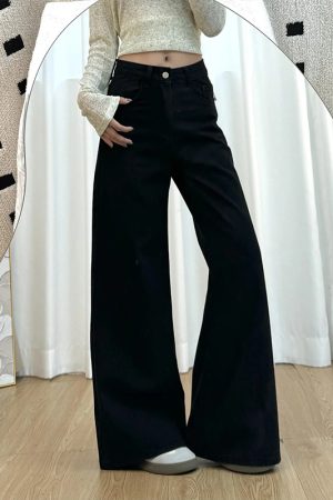 Petite Women's Black Wide-Leg Jeans, Loose Fit Flared Pants for Pear-Shaped Bodies, 2025 New Style, Trendy Casual Fashion