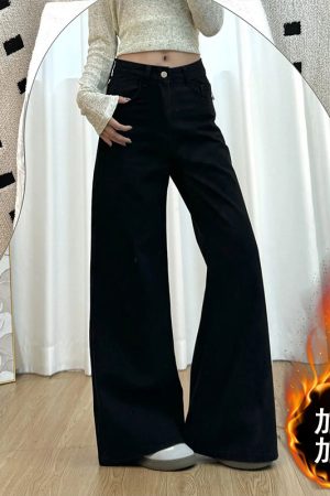 Petite Women's Black Wide-Leg Jeans, Loose Fit Flared Pants for Pear-Shaped Bodies, 2025 New Style, Trendy Casual Fashion