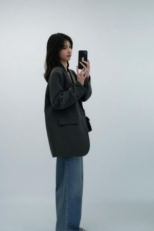 Petite Women's Casual Blazer - Korean Style Gray Suit Jacket for Spring 2025 - Chic Outfit Essential